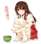  1girl akagi_(kantai_collection) bowl brown_eyes brown_hair food food_on_face japanese_clothes kantai_collection long_hair solo tanoki_(mituguma) translated 