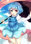  1girl blue_hair blue_sky breasts clouds commentary_request geta heterochromia highres juliet_sleeves karakasa_obake long_sleeves looking_at_viewer paragasu_(parags112) puffy_sleeves shirt skirt sky smile solo tatara_kogasa tongue tongue_out touhou umbrella vest 