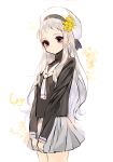  1girl cardcaptor_sakura flower grey_hair hat long_hair school_uniform solo sorolp violet_eyes white_background yellow_flower 