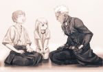  1boy 2girls archer buruma fate/stay_night fate_(series) fujimura_taiga hakama illyasviel_von_einzbern japanese_clothes kneeling monochrome multiple_girls tam_(cuq) 