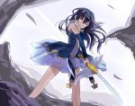  1girl arm_warmers bare_legs blue_hair dress hand_on_own_shoulder looking_at_viewer love_live!_school_idol_project shikei_(jigglypuff) single_head_wing solo sonoda_umi sword weapon winged_hairband winged_sword yellow_eyes 