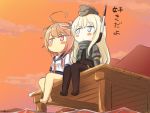  2girls :&lt; ahoge black_dress black_legwear blonde_hair blush_stickers chibi cropped_jacket dress dusk engiyoshi garrison_cap hair_ornament hat headgear highres i-58_(kantai_collection) kantai_collection long_hair military military_uniform multiple_girls neckerchief pantyhose pink_hair sailor_collar school_uniform serafuku short_hair sitting swimsuit swimsuit_under_clothes translated u-511_(kantai_collection) uniform 