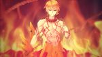  1boy armor blonde_hair chain ea_(fate/stay_night) earrings fate/hollow_ataraxia fate_(series) fire gilgamesh highres jewelry red_eyes shirtless solo tattoo ym_(snovee) 