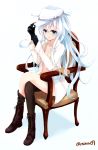  1girl boots chair cross-laced_footwear gloves hat hibiki_(kantai_collection) kantai_collection long_hair minari_(minari37) open_clothes open_mouth open_shirt shirt silver_hair simple_background single_thighhigh sitting solo thigh-highs verniy_(kantai_collection) white_background 