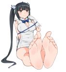  1girl barefoot black_hair blue_eyes breasts cleavage dress dungeon_ni_deai_wo_motomeru_no_wa_machigatteiru_darou_ka feet gagajya gloves hair_ribbon hestia_(danmachi) large_breasts long_hair panties rei_no_himo ribbon sitting smile soles solo toes twintails underwear very_long_hair 