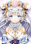  1girl :&gt; armlet blue_eyes breasts detached_sleeves earrings flower headdress jewelry long_hair looking_at_viewer original pointy_ears puchipu puffy_sleeves silver_hair smile solo sparkle upper_body 