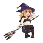  bandeau blonde_hair bracelet cape final_fantasy final_fantasy_xiv hat heterochromia highres jewelry lalafell long_hair midriff pointy_ears shoes skirt smile staff thigh-highs weapon witch_hat 