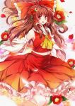  1girl ascot bare_shoulders bow brown_hair camellia_(flower) camera detached_sleeves flower hair_bow hair_tubes hakurei_reimu open_mouth petals red_eyes sash solo toufukin touhou 