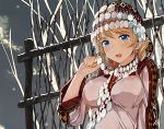  1girl ayase_eli blonde_hair blue_eyes breasts fence hood love_live!_school_idol_project onoguru russian_clothes sequins smile snow solo tree 