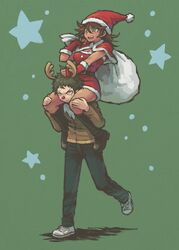  1boy 1girl antlers brown_hair carrying christmas dangan_ronpa fake_antlers green_eyes hat hinata_hajime nurutya open_mouth owari_akane reindeer_antlers sack santa_costume santa_hat shoulder_carry smile star super_dangan_ronpa_2 yellow_eyes 