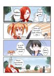  /\/\/\ 2girls 3boys 4koma black_hair catstudioinc_(punepuni) comic covering_mouth earrings emphasis_lines eyepatch hair_over_one_eye hair_ribbon health_bar highres jewelry kirito knife_in_head multiple_boys multiple_girls o_o orange_hair pink_eyes polearm red_eyes ribbon rosalia_(sao) silica stabbed sword sword_art_online thai translation_request twintails weapon yawning 