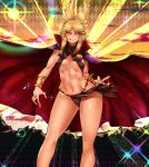  1girl abs adapted_costume blonde_hair bracelet breasts cape come_hither glowing glowing_eyes jewelry jojo_no_kimyou_na_bouken licking_lips loincloth loincloth_lift looking_at_viewer navel parody pointy_hair revealing_clothes sekiyu_(spartan) sling_bikini smile solo swimsuit touhou toyosatomimi_no_miko yellow_eyes 