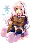  1girl :d absurdres anceril_sacred black_legwear boots brown_boots earmuffs fur_boots gloves green_eyes highres huge_filesize long_hair looking_at_viewer miniskirt mishima_kurone open_mouth original scarf skirt smile snowflakes snowman solo thigh-highs white_hair 