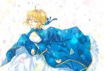  1girl ahoge blonde_hair closed_eyes dress fate/stay_night fate_(series) highres hosiko01 petals saber smile solo 
