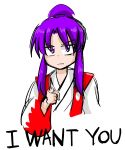  1girl english i_want_you japanese_clothes meira miera pointing pointing_at_viewer purple_hair touhou touhou_(pc-98) violet_eyes 