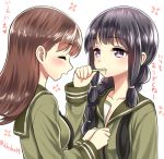  2girls black_hair braid brown_hair brushing_teeth closed_eyes dressing kantai_collection kase_daiki kitakami_(kantai_collection) long_hair lowres multiple_girls ooi_(kantai_collection) open_mouth toothbrush violet_eyes 