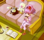  book coffee couch cup doughnut eating final_fantasy final_fantasy_xiv from_above lalafell long_hair looking_up moogle mug open_mouth pajamas pink_eyes pink_hair pointy_ears ponytail sitting slippers stuffed_toy table 