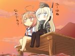  2girls :&lt; ahoge black_dress black_legwear blonde_hair blush_stickers chibi cropped_jacket dress dusk engiyoshi garrison_cap hair_ornament hat headgear highres i-58_(kantai_collection) kantai_collection long_hair military military_uniform multiple_girls neckerchief pantyhose pink_hair sailor_collar school_uniform serafuku short_hair sitting swimsuit swimsuit_under_clothes translated u-511_(kantai_collection) uniform 