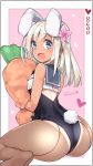 1girl 2015 :d animal_ears ass blonde_hair blue_eyes blush bunny_tail bunnysuit carrot dated fake_animal_ears fishnet_pantyhose fishnets flower from_behind hair_flower hair_ornament heart highres kantai_collection kuro_chairo_no_neko long_hair looking_back one-piece_tan open_mouth pantyhose rabbit_ears ro-500_(kantai_collection) smile solo stuffed_toy tail tan tanline twitter_username 