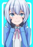  1girl blue_eyes gloves gundam gundam_build_fighters gundam_build_fighters_try hands_on_own_face heart heart-shaped_pupils jacket kijima_shia short_hair silver_hair smile solo symbol-shaped_pupils t_shatsu 