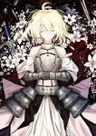  1girl ahoge armor armored_dress bare_shoulders blonde_hair closed_eyes cloudy.r dress fate/stay_night fate/unlimited_codes fate_(series) flower gauntlets hands_clasped highres lily_(flower) lying on_back saber saber_lily solo sword weapon 