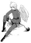  1boy aldnoah.zero angel_wings ball_and_chain_restraint boots dithering military military_uniform monochrome sitting slaine_troyard solo uniform wings zerotted 