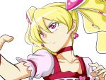  1girl blonde_hair choker cure_peach earrings fighting_stance fresh_precure! hair_ornament heart heart_earrings heart_hair_ornament jewelry koge9 long_hair magical_girl momozono_love pink_eyes precure serious solo twintails 