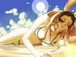  1girl animal_ears bikini blue_sky breasts closed_eyes contemporary dark_skin final_fantasy final_fantasy_xii fran helmet lens_flare long_hair lying masapeko on_side rabbit_ears sky solo swimsuit viera white_hair 