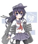  1girl akatsuki_(kantai_collection) anchor black_hair black_legwear blush cannon character_name flat_cap flipper hat kantai_collection long_hair pantyhose revision school_uniform serafuku skirt solo text torpedo turret 