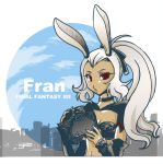  1girl animal_ears breasts character_name choker cleavage copyright_name dark_skin final_fantasy final_fantasy_xii fran headwear_removed helmet helmet_removed long_hair miri_(mirik) navel rabbit_ears red_eyes solo viera white_hair 