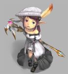  arms_behind_back boots brown_hair dress earrings feathers final_fantasy final_fantasy_xiv from_above gloves hamu_no_jin hat heterochromia jewelry lalafell long_hair looking_up necklace pointy_ears smile staff twintails weapon 