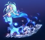  1girl artist_name blue_background blue_eyes blue_hair bubble cure_mermaid earrings go!_princess_precure highres jewelry kaidou_minami long_hair magical_girl matsuki_ringo midriff mode_elegant_(go!_princess_precure) multicolored_hair navel ponytail precure purple_hair solo two-tone_hair very_long_hair 