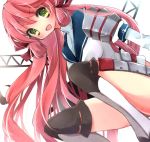  1girl akashi_(kantai_collection) blush bolt green_eyes hair_ribbon kantai_collection long_hair open_mouth pink_hair ribbon ruhino school_uniform serafuku smile solo thigh-highs tress_ribbon twintails 