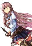  1girl akashi_(kantai_collection) belt blush green_eyes hair_ribbon kantai_collection long_hair looking_at_viewer glassesjizou one_eye_closed pink_hair ribbon school_uniform serafuku side_slit skirt smile solo sword thigh-highs tress_ribbon twintails weapon 