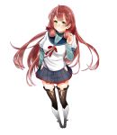  1girl absurdres akashi_(kantai_collection) blush green_eyes hair_ribbon heart heart-shaped_pupils highres kantai_collection long_hair looking_at_viewer pink_hair ribbon school_uniform serafuku side_slit skirt solo symbol-shaped_pupils text_in_eyes thigh-highs tress_ribbon twintails 