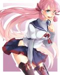  1girl akashi_(kantai_collection) asagi-so green_eyes hair_ribbon kantai_collection long_hair looking_at_viewer open_mouth pink_hair ribbon school_uniform serafuku side_slit skirt smile solo thigh-highs tress_ribbon twintails 