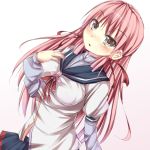  1girl akashi_(kantai_collection) blush breasts green_eyes hair_ribbon kantai_collection long_hair looking_at_viewer nagikaze_ouka open_mouth pink_hair ribbon school_uniform serafuku skirt solo tress_ribbon twintails 