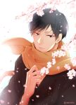  1boy aldnoah.zero black_eyes black_hair cherry_blossoms flower harklight japanese_clothes kimono naoazaz scarf solo yukata 