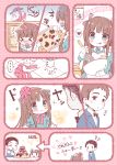  &gt;_&lt; /\/\/\ 1boy 1girl :p ? apron bangs blue_eyes blunt_bangs blush bow bowtie brown_hair burnt cake comic cookie dress flying_teardrops food hair_bow hair_ribbon heart juliet_sleeves long_hair long_sleeves march-bunny mixing_bowl musical_note original oven_mitts pastry_bag puffy_sleeves ribbon smile smoke sparkle spoken_ellipsis spoken_heart tile_floor tiles tongue tongue_out translated valentine whisk |_| 