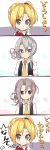  3girls 4koma absurdres alternate_costume amano_kouki aqua_eyes blonde_hair brown_eyes comic cosplay gloves green_eyes highres kantai_collection long_hair maikaze_(kantai_collection) multiple_girls nowaki_(kantai_collection) nowaki_(kantai_collection)_(cosplay) ponytail school_uniform silver_hair smile sweat translated white_gloves zuihou_(kantai_collection) 