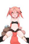  1girl boots copyright_name highres looking_at_viewer matuken1027 midriff navel open_mouth red_eyes redhead short_twintails sitting skirt smile solo tubetop twintails 