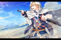  1boy blonde_hair blue_eyes blue_sky cloak collared_shirt holding holding_sword holding_weapon hood hooded_cloak letterboxed male_focus necktie open_mouth sheath shirt short_hair sky sode solo sweater_vest sword torn_clothes touken_ranbu tree unsheathing urushibara_rikka vest weapon yamanbagiri_kunihiro 