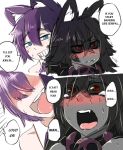  2girls 2koma animal_ears barking black_hair black_sclera blue_eyes blush cat_ears cheshire_cat_(monster_girl_encyclopedia) collar comic dog_ears english fang grey_skin grin hellhound j.k. monster_girl monster_girl_encyclopedia multicolored_hair multiple_girls purple_hair red_eyes sexually_suggestive smile sweat tears yuri 