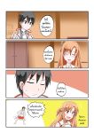  1boy 1girl 4koma asuna_(sao) black_eyes black_hair braid brown_eyes brown_hair catstudioinc_(punepuni) closed_eyes comic crossdressinging french_braid hands_on_hips highres kirito red_skirt skirt sword_art_online thai translation_request 