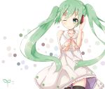  1girl 2015 absurdres bustling dated dress green_eyes green_hair hand_on_headphones hatsune_miku headphones highres long_hair one_eye_closed smile solo thigh-highs twintails very_long_hair vocaloid 