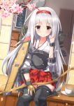  1girl boots bow_(weapon) cherry_blossoms chitori hairband japanese_clothes kantai_collection long_hair muneate revision shoukaku_(kantai_collection) silver_hair smile solo thigh-highs thigh_boots weapon 