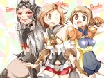  3girls animal_ears ashelia_b&#039;nargin_dalmasca blush braid breasts brown_hair character_name dark_skin final_fantasy final_fantasy_xii fran helmet long_hair masapeko miniskirt multiple_girls one_eye_closed open_mouth penelo rabbit_ears short_hair shoulder_pads side_slit skin_tight skirt small_breasts thigh-highs twin_braids unitard white_hair 