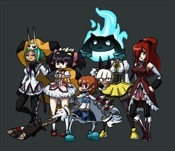  5girls akemi_homura_(cosplay) cerebella_(skullgirls) christine_marie_cabanos cristina_valenzuela crossover filia_(skullgirls) gun handgun kaname_madoka_(cosplay) kyubey magical_girl mahou_shoujo_madoka_magica mami_mogu_mogu miki_sayaka_(cosplay) ms._fortune_(skullgirls) multiple_girls parasoul_(skullgirls) peacock_(skullgirls) pistol revolver sakura_kyouko_(cosplay) samson_(skullgirls) sarah_anne_williams seiyuu_connection skull_heart skullgirls tomoe_mami_(cosplay) vice-versa_(skullgirls) weapon 