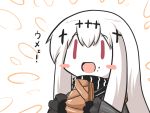  1girl aircraft_carrier_water_oni blush_stickers chibi commentary eating food food_on_face gomasamune kantai_collection long_hair open_mouth pale_skin pie red_eyes shinkaisei-kan solo white_hair 