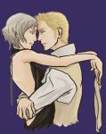  1boy 1girl aoarashi arms_around_neck backless blonde_hair couple eye_contact final_fantasy final_fantasy_xii formal from_side gabranth_(final_fantasy) grey_hair halterneck hetero hug jewelry judge_drace looking_at_another necklace pearl_necklace short_hair smile vest waist_hug 